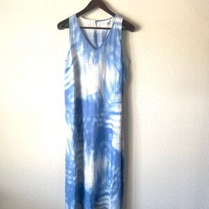 J. Jill Love Linen Blue and White Tie-Dye V-Neck Maxi Dress Size L